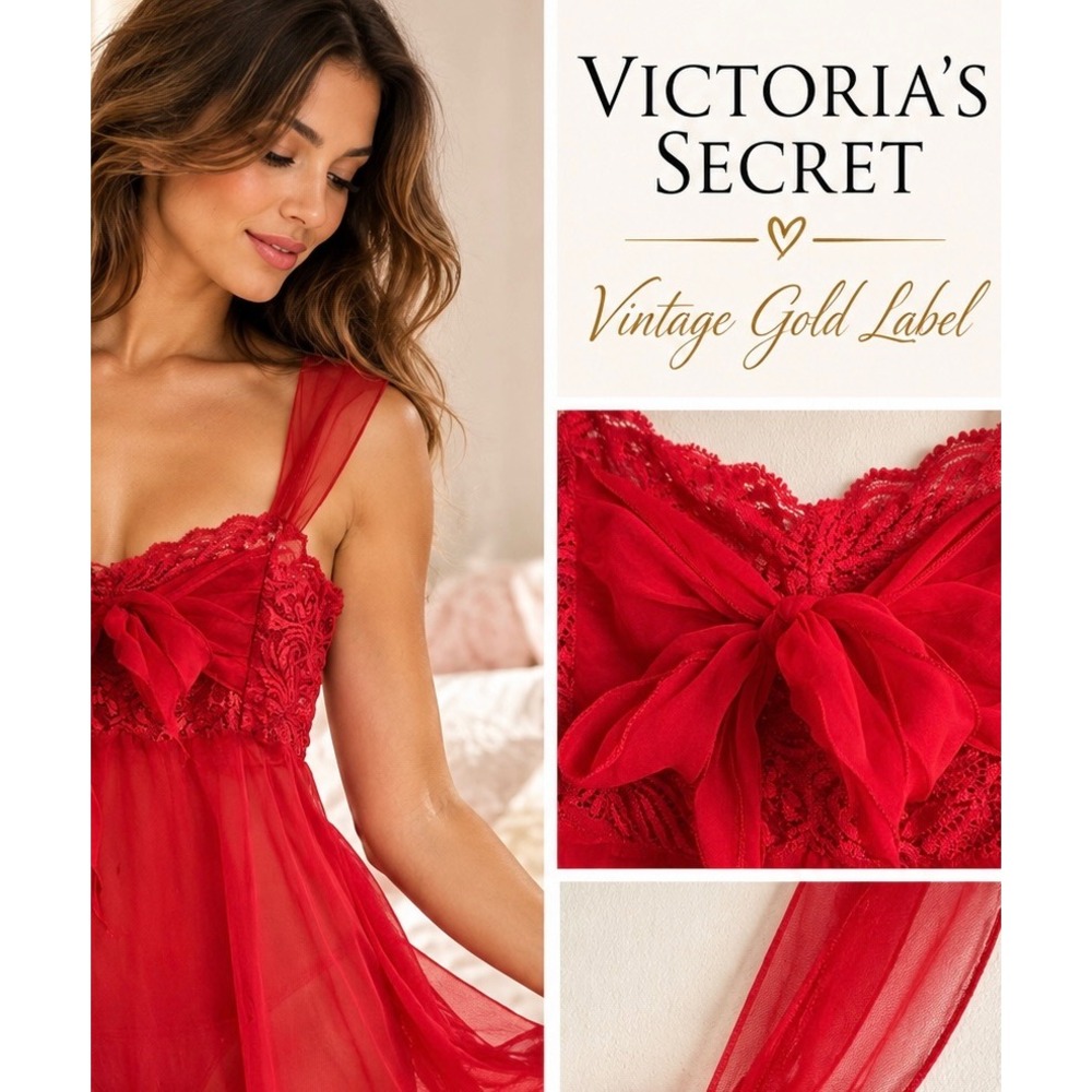 Vintage Victoria's Secret Gold Label Red Lace Sheer Babydoll Chemise M